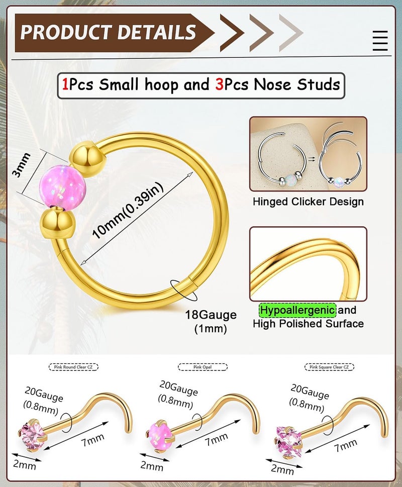 AMASIS Opal Nose Ring Studs Horseshoe Nose Rings Hoops Stud 316L Stainless Steel Nose Rings Round CZ Square Screw L Shaped Nose Stud Hypoallergenic Nostril Piercing Jewelry for Women Men - Image 2